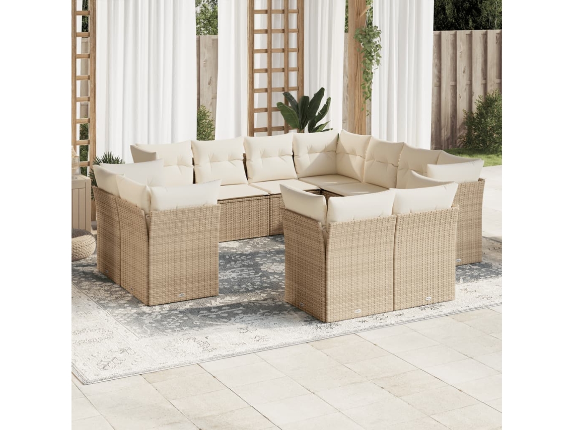 Vidaxl 11 Pcs Conjunto Sofás De Jardim C/ Almofadões Vime Pe Bege