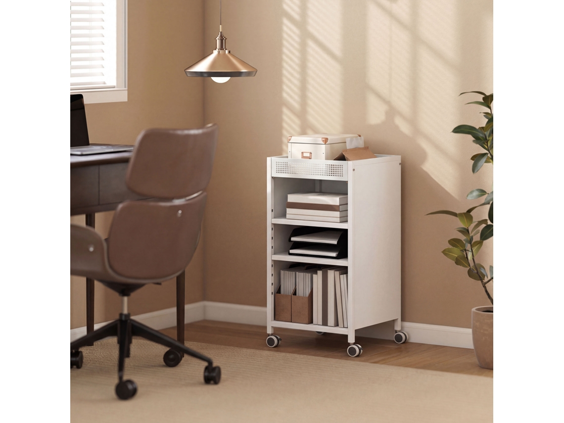 Mobile Bookcase With Adjustable Shelves, 3 Tier Trolley With Top Basket, White