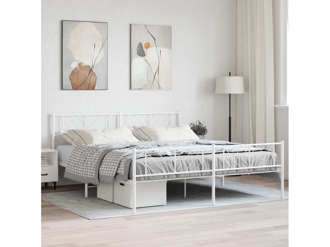 Cama De Casal | Camas Para Quarto | Estrutura De Cama Com Cabeceira E Pés 183x213 Cm Metal Branco