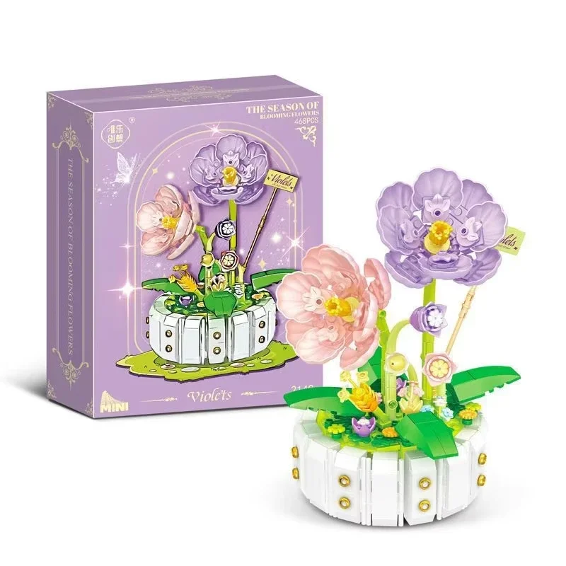 Conjunto De Mini Blocos De Montar Criativos Com Flores (468 Peças): Decoração De Vaso Com Girassol E Papoula