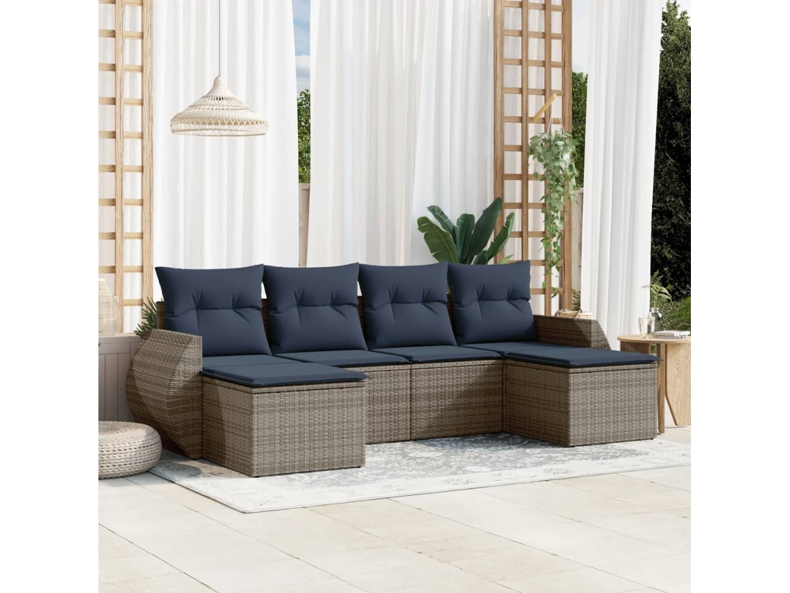 Vidaxl Conjunto De Sofá De Jardim Com 6 Peças E Almofadas Em Rattan Sintético Cinza
