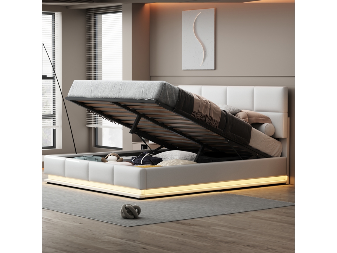Cama Casal Branca 180x200cm Estofada, Led, Hidráulica, Courino. Ge