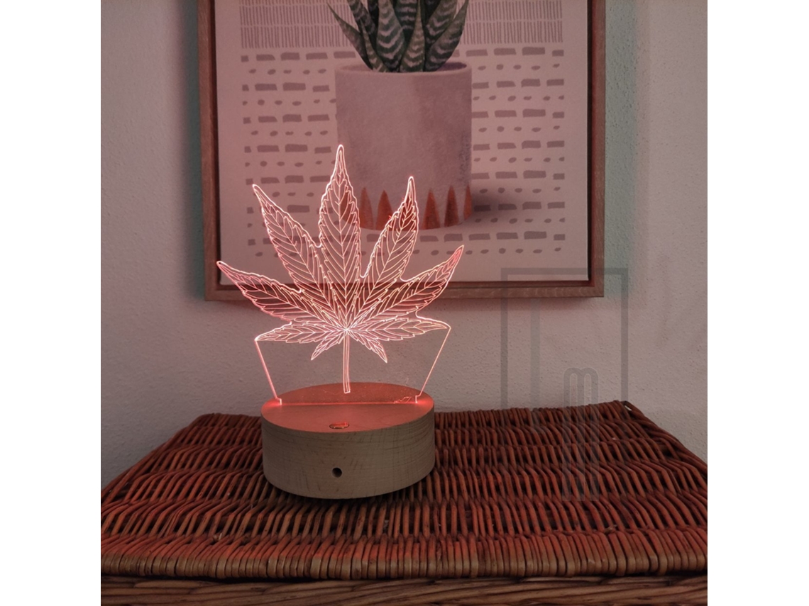 Candeeiro 3d Com Base De Madeira Weed Lâmpada Mágica
