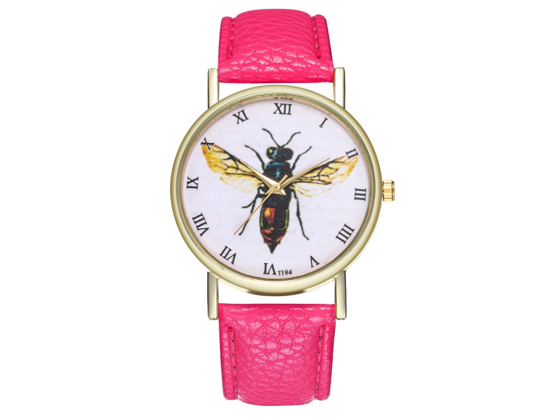 Relógio feminino Zhoulianfa Quartzo com pulseira de couro T194-a, modelo Insect Speciment, cor vermelho-rosa.