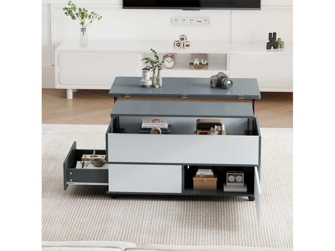 Mesa De Centro Ajustável 100x98x65 Cm Com Arrumação E Prateleiras Com Rodízios E 1 Gaveta Cinzento E Branco Mobrio