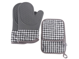 Conjunto 4 Peças Cinza: Luvas e Esteimas Térmicas Silicone Antiderrapante, para Forno e Micro ondas.