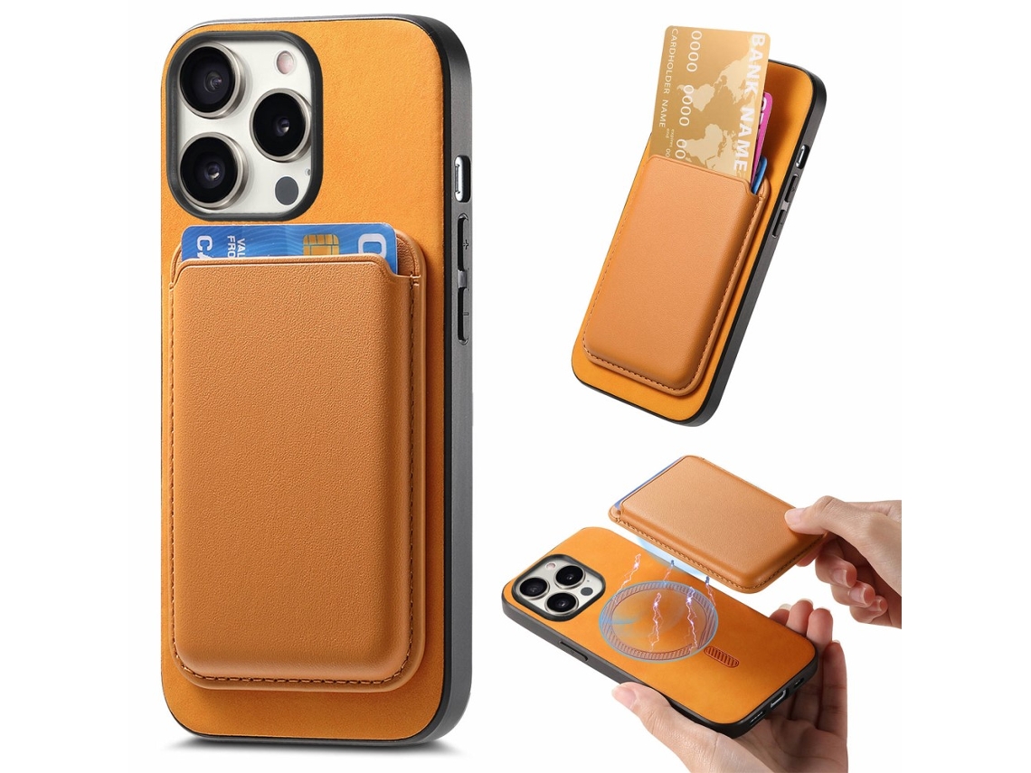 Capa Amovível Para Iphone 15 Pro Max Pele Sintética Magnética Com Porta-cartões Laranja