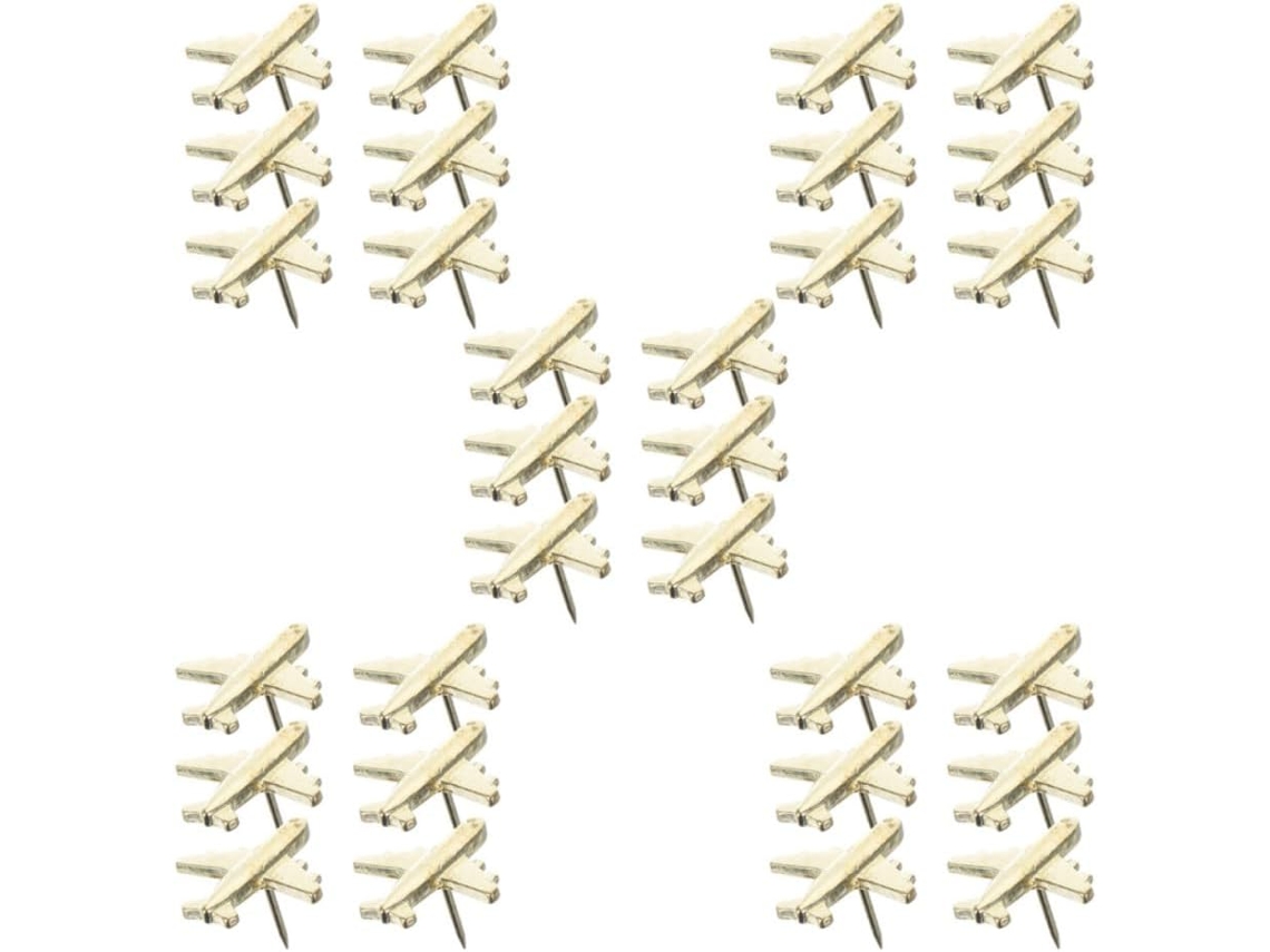 Tachinhas metálicas Mikikit em formato de avião, douradas, para fixar papéis e decorar mapas, ideais para mesa ou casa.