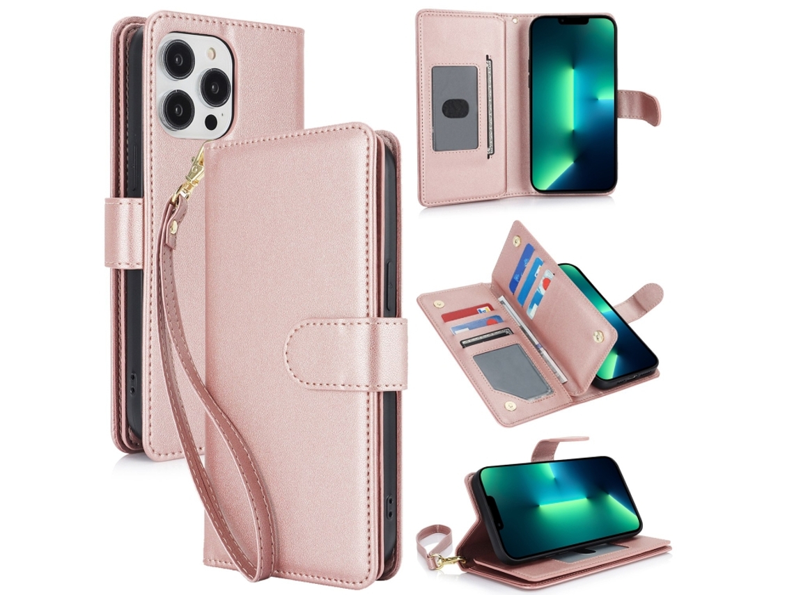 Capa Carteira De Couro Para Iphone 13 Pro - Com Rfid - Para Vários Cartões