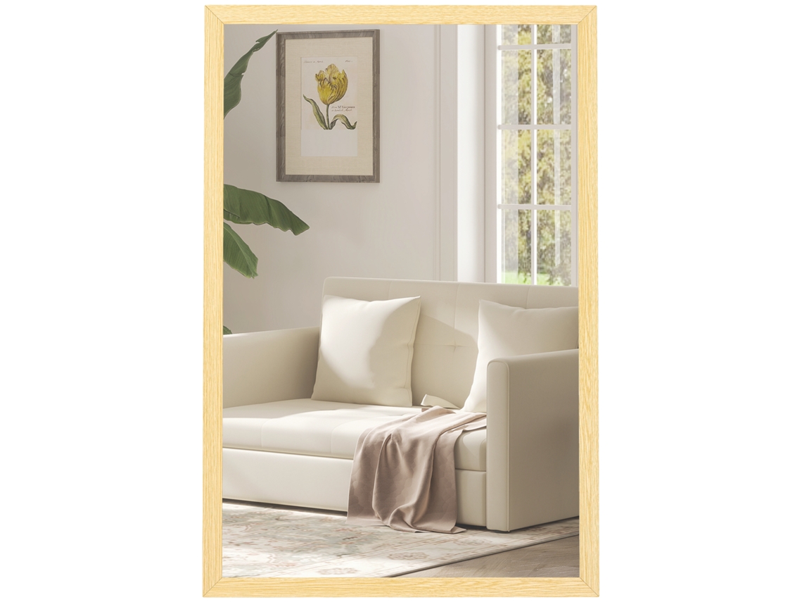 Espelho De Parede Retangular 60x40cm Moldura Madeira Natural Casa De Banho Sala Quarto