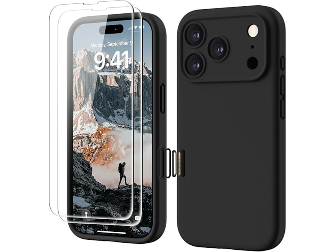 Capa 1 Em 1 Para Iphone 17 Pro Em Silicone Líquido Premium, Com Protetor De Tela Hd Duplo, Preta.