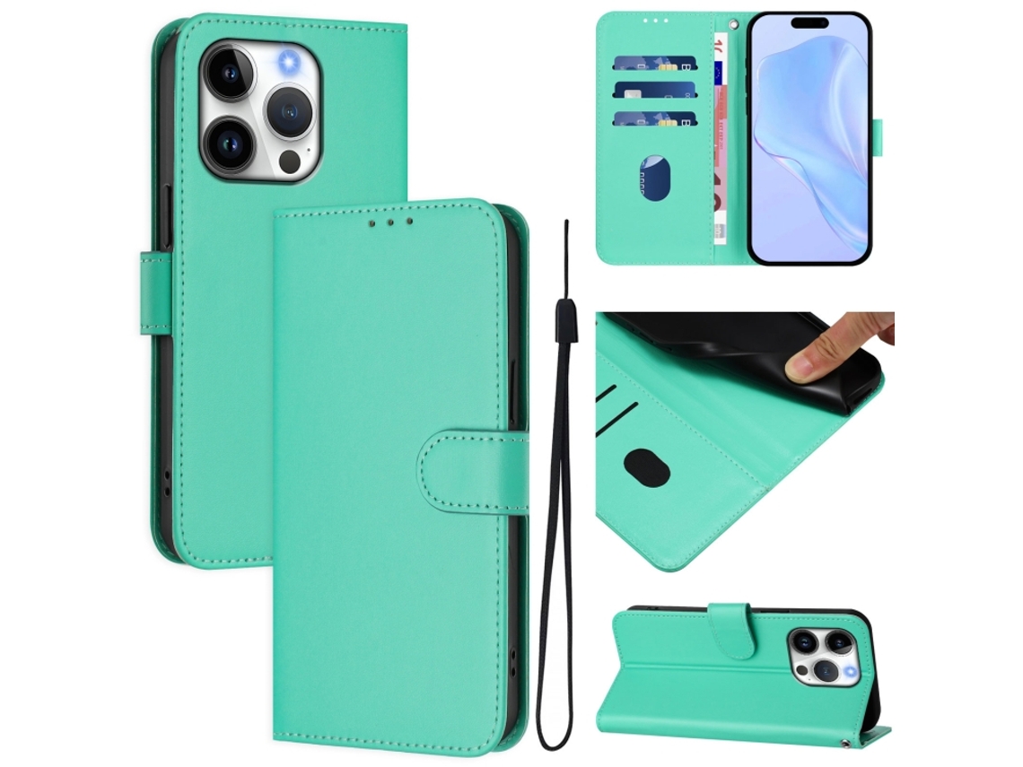 Capa De Couro Sintético Para Iphone 16 Pro - Toque Suave - Cor Sólida - Com Cordão