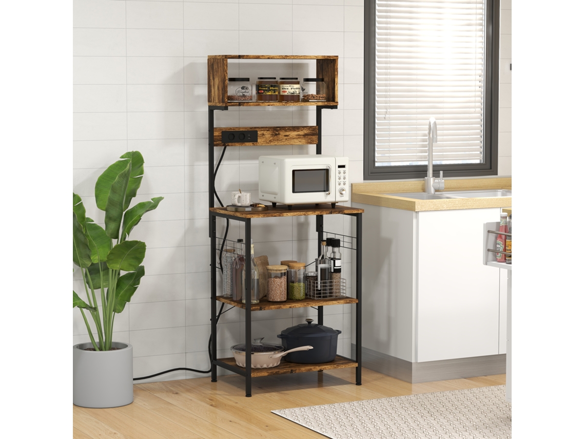 Estante Auxiliar Cozinha Rústico 60x42x153 Cm Marrom Tomada 2 Usb Ganchos Prateleira Ajustável Cozinha Escritório ZIWEI STORE