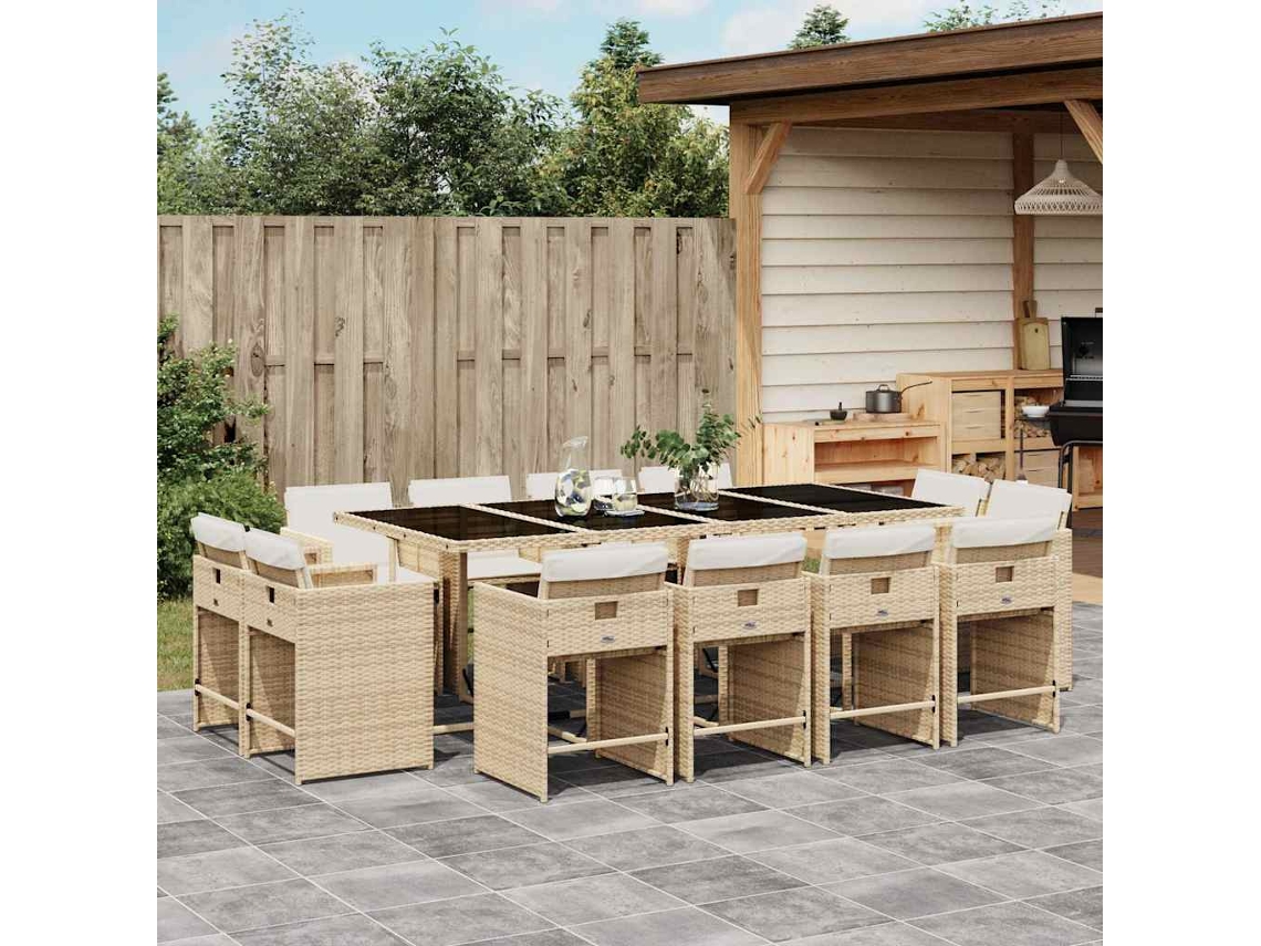 Vidaxl 13 Pcs Conjunto de Jantar P/ Jardim com Almofadões Vime Pe Bege