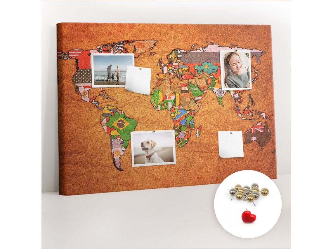 Quadro De Cortiça Com Impressão Mapa-múndi Com Bandeiras Para O Corredor Espelharte (70x100 Cm)