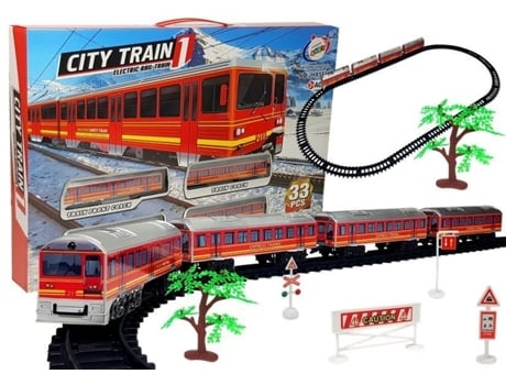 Conjunto de Comboio com Pistas e Acessórios 33 Peças Comboio a Bateria com Efeitos de Luz e Som LEANTOYS