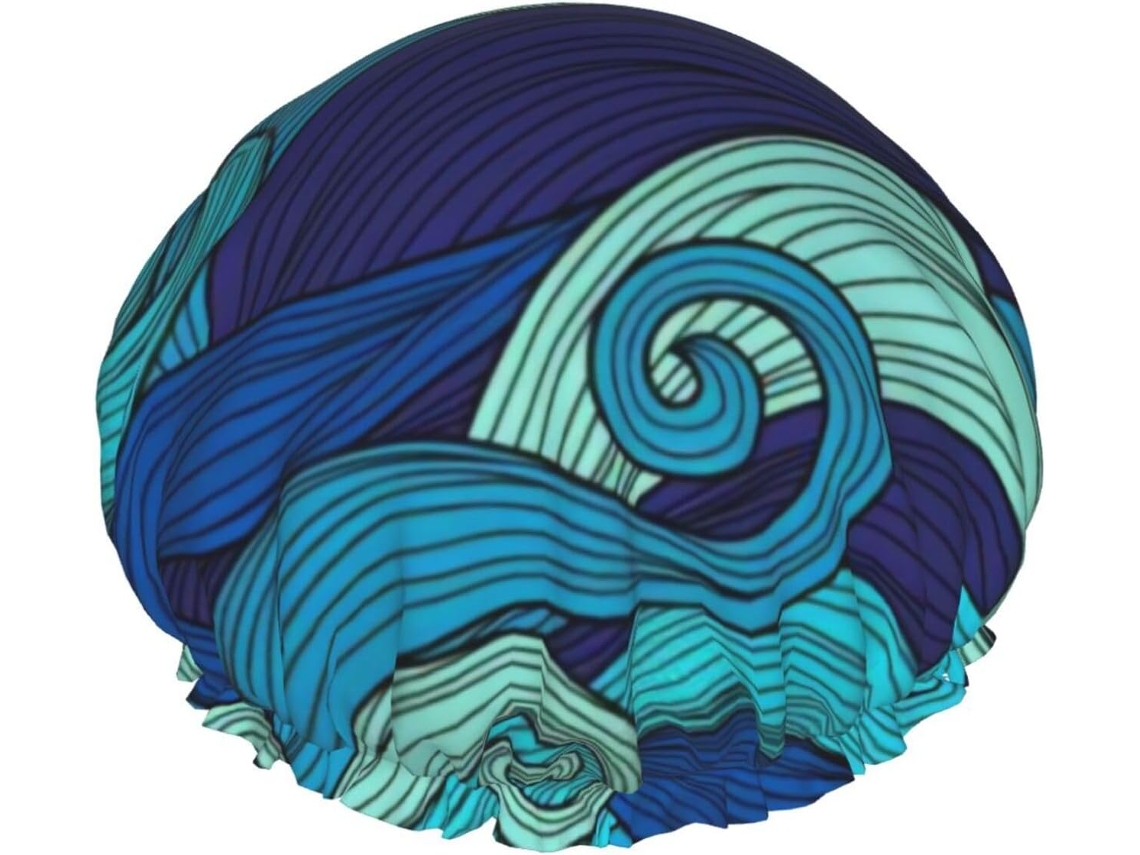 Touca De Banho Com Estampa Ondas Do Mar – Reutilizável, Dupla Camada, Item Essencial Para Viagens, Hotéis E Salões De