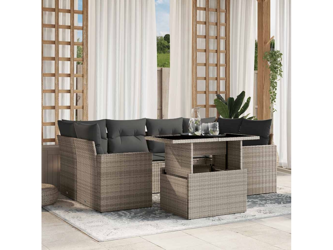 Vidaxl 7 Pcs Conj. Sofás Jardim Com Almofadões Vime Pe Cinzento-claro