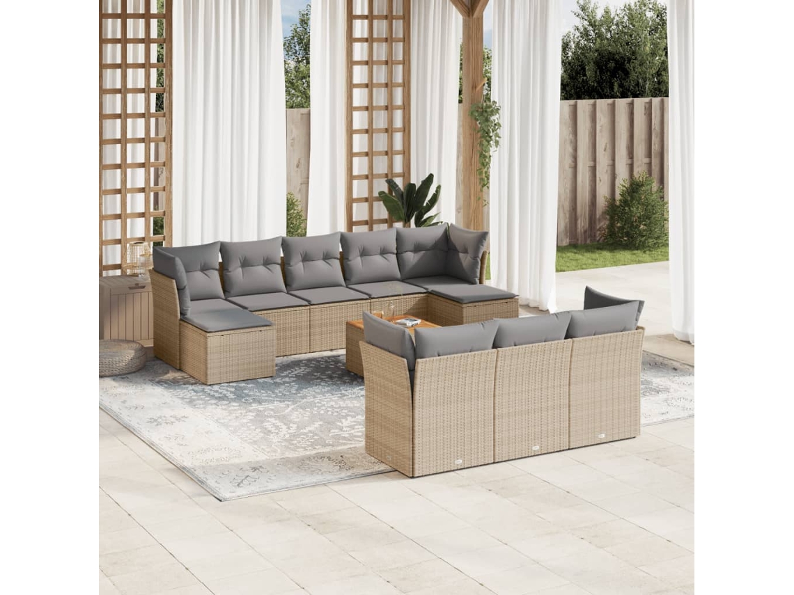 11 Pcs Conj. Sofás Jardim C/ Almofadões Vime Pe Bege Misturado Dkd Home Decor