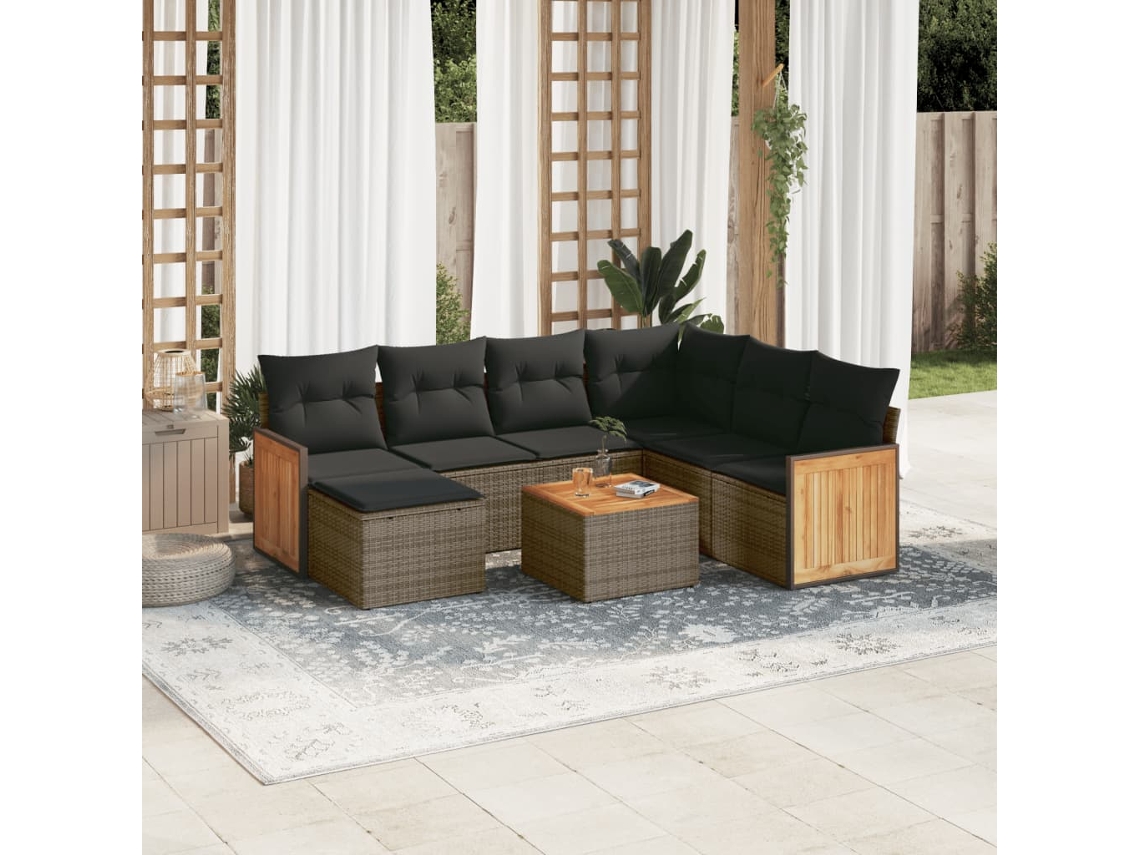 Vidaxl 8 Pcs Conjunto Sofás de Jardim C/ Almofadões Vime Pe Cinzento