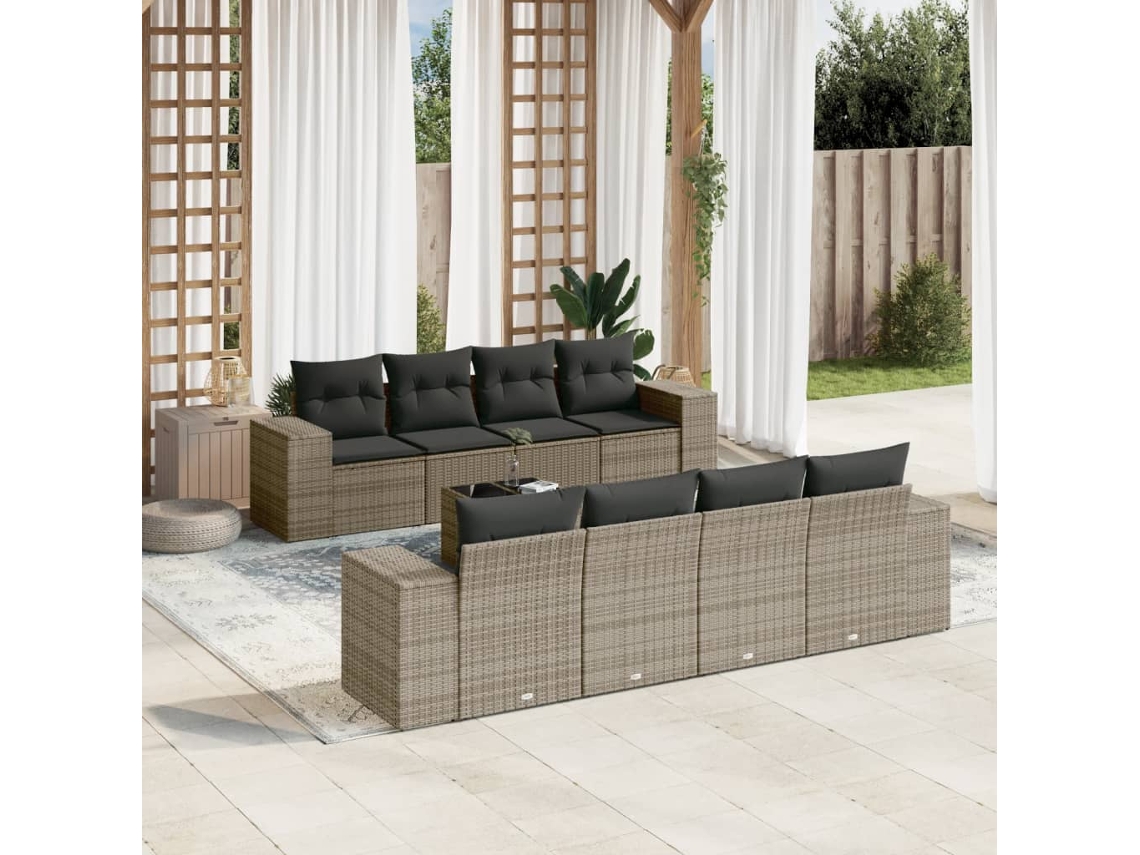 Vidaxl 9 Pcs Conjunto Sofás P/ Jardim com Almofadões Vime Pe Cinzento
