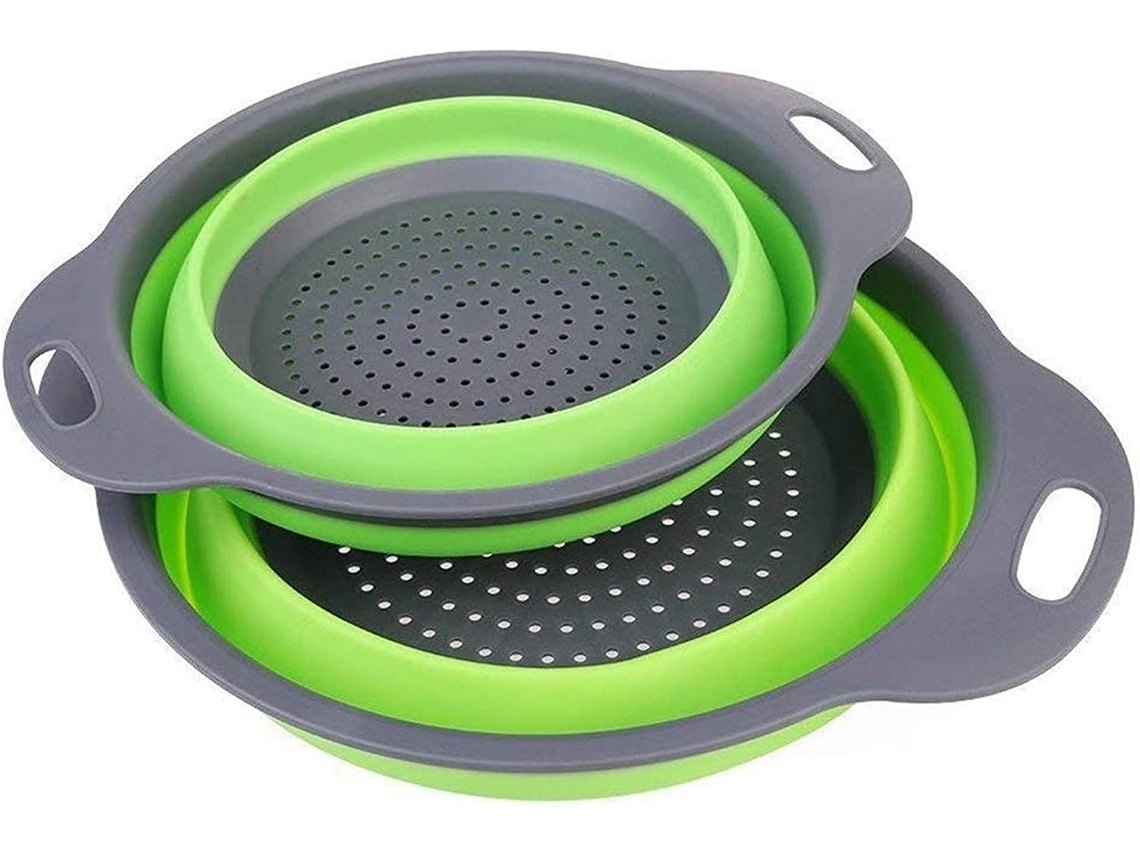 Conjunto De Funil Dobrável Com 2 Coadores De Silicone Redondos Para Cozinha, 2 Peças (verde Grande, Verde Pequeno)