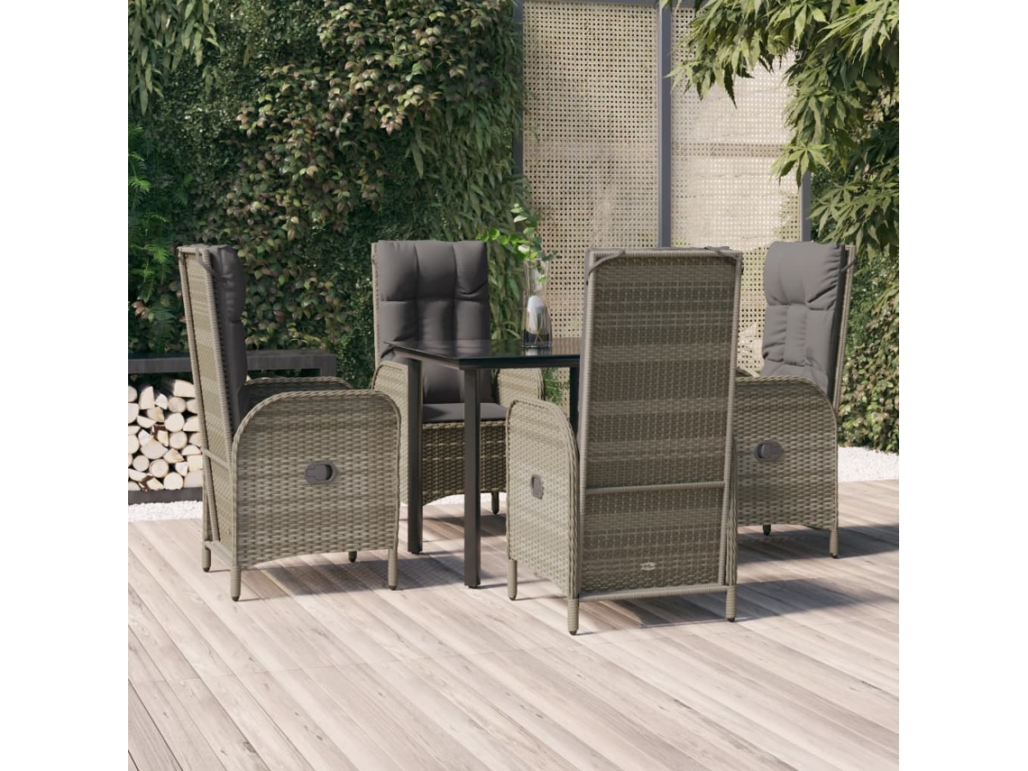 Vidaxl 5 Pcs Conjunto Jantar Jardim C/ Almofadões Vime Pe Preto/cinza