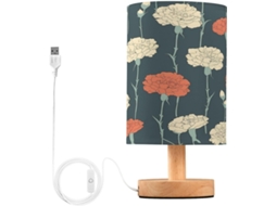 Abajur De Cabeceira Led Floral Branco E Vermelho Para Quarto, Luminária De Leitura Com Cúpula Tecido, Base De Madeira E
