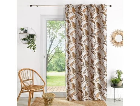 Cortina Translúcida Com Ilhoses Padrão Folhas Amarelo Ocre 140x260 Cm