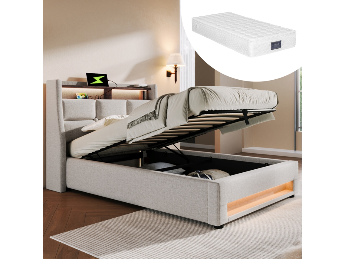 Cama Solteiro 90x200 Led Usb Metal Linho Colchão Incluso