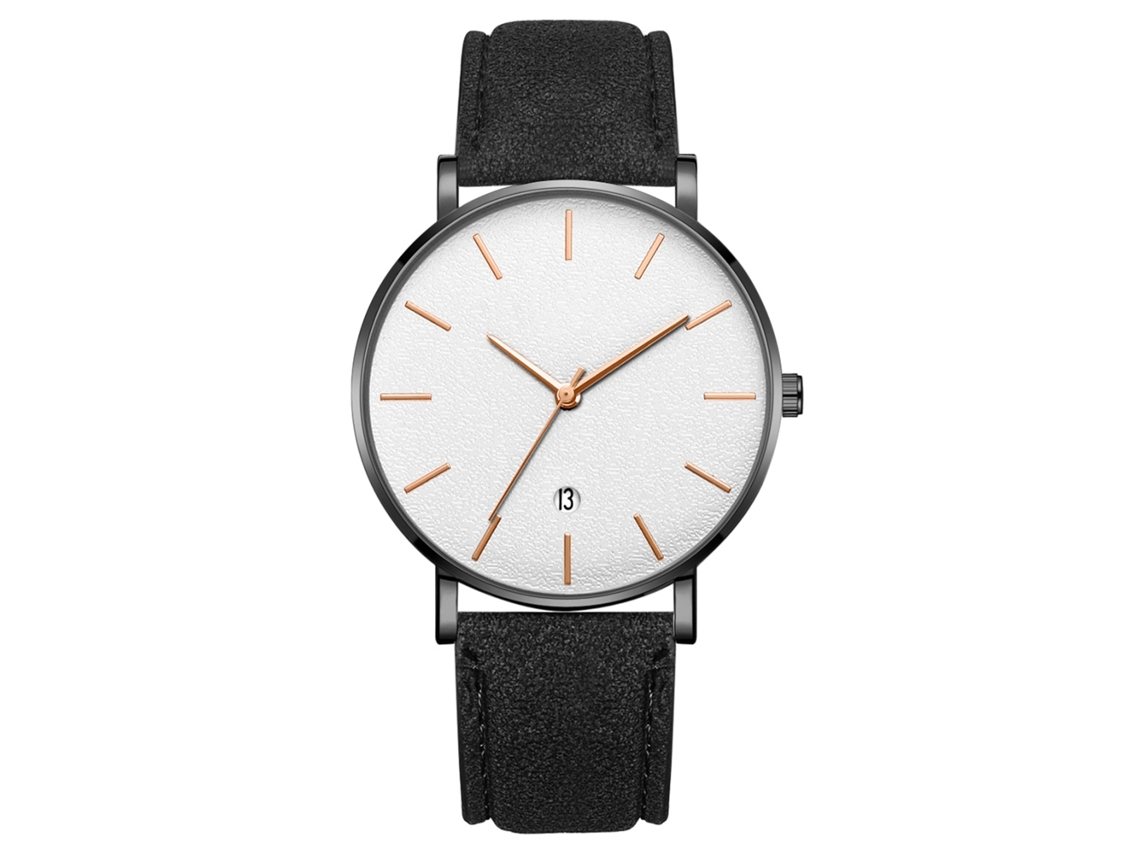 Relógio de pulso de quartzo elegante com mostrador redondo e pulseira preta.