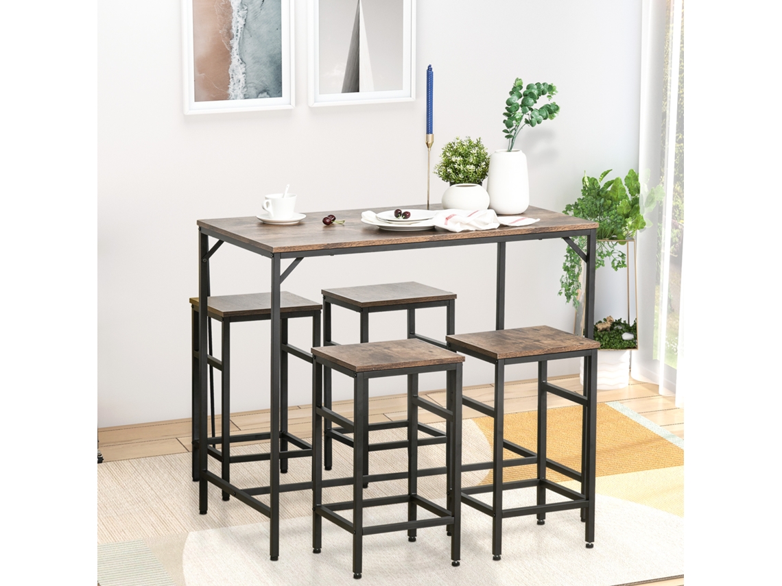 Conjunto de mesa de bar com 4 banquetas, 5 peças para cozinha, MDF/aço, marrom rústico/marrom, 100x60x88cm, ideal para jardim, varanda ou área externa.