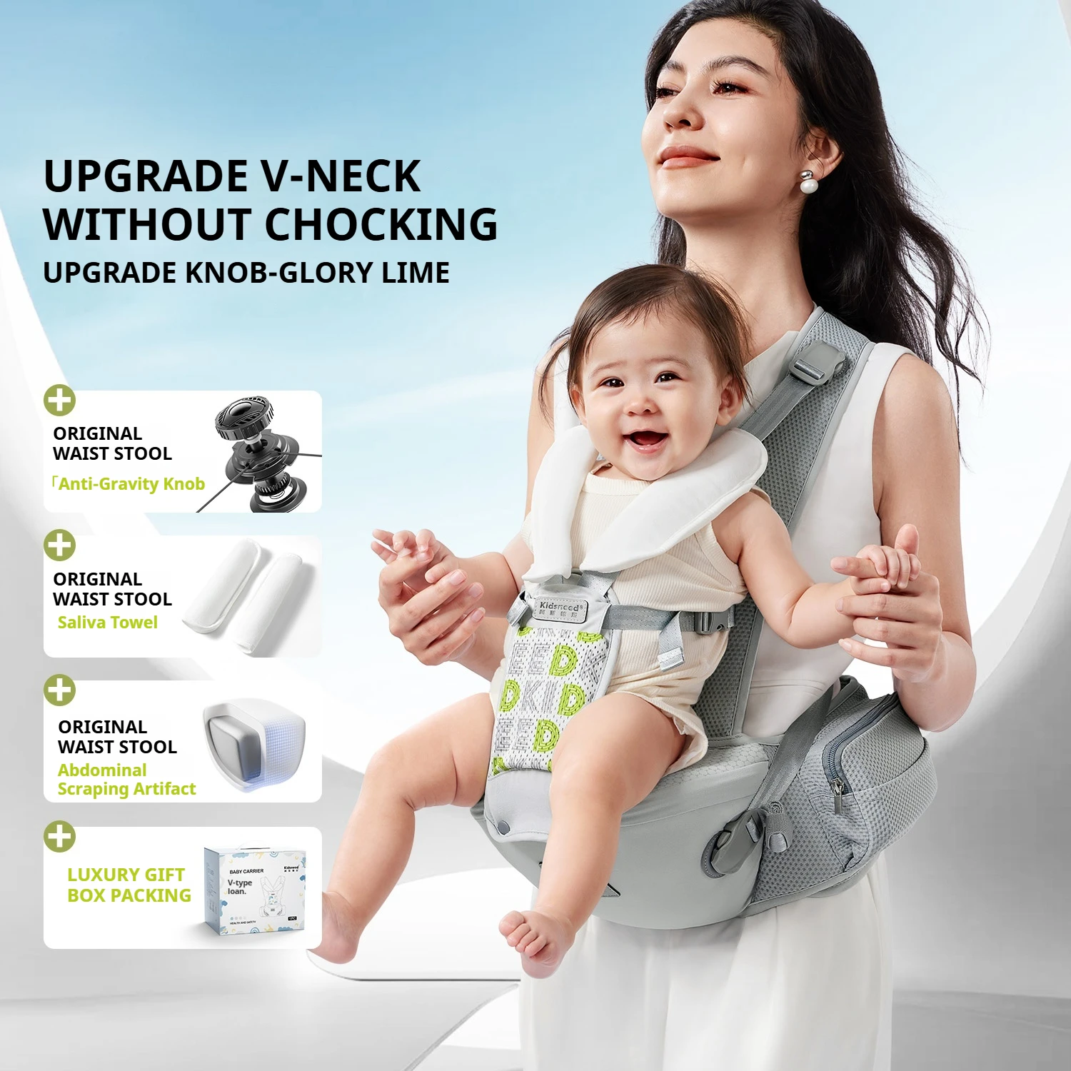 Canguru para Bebê, Assento de Quadril, Canguru Ergonômico MDUG (cinza com Botão)