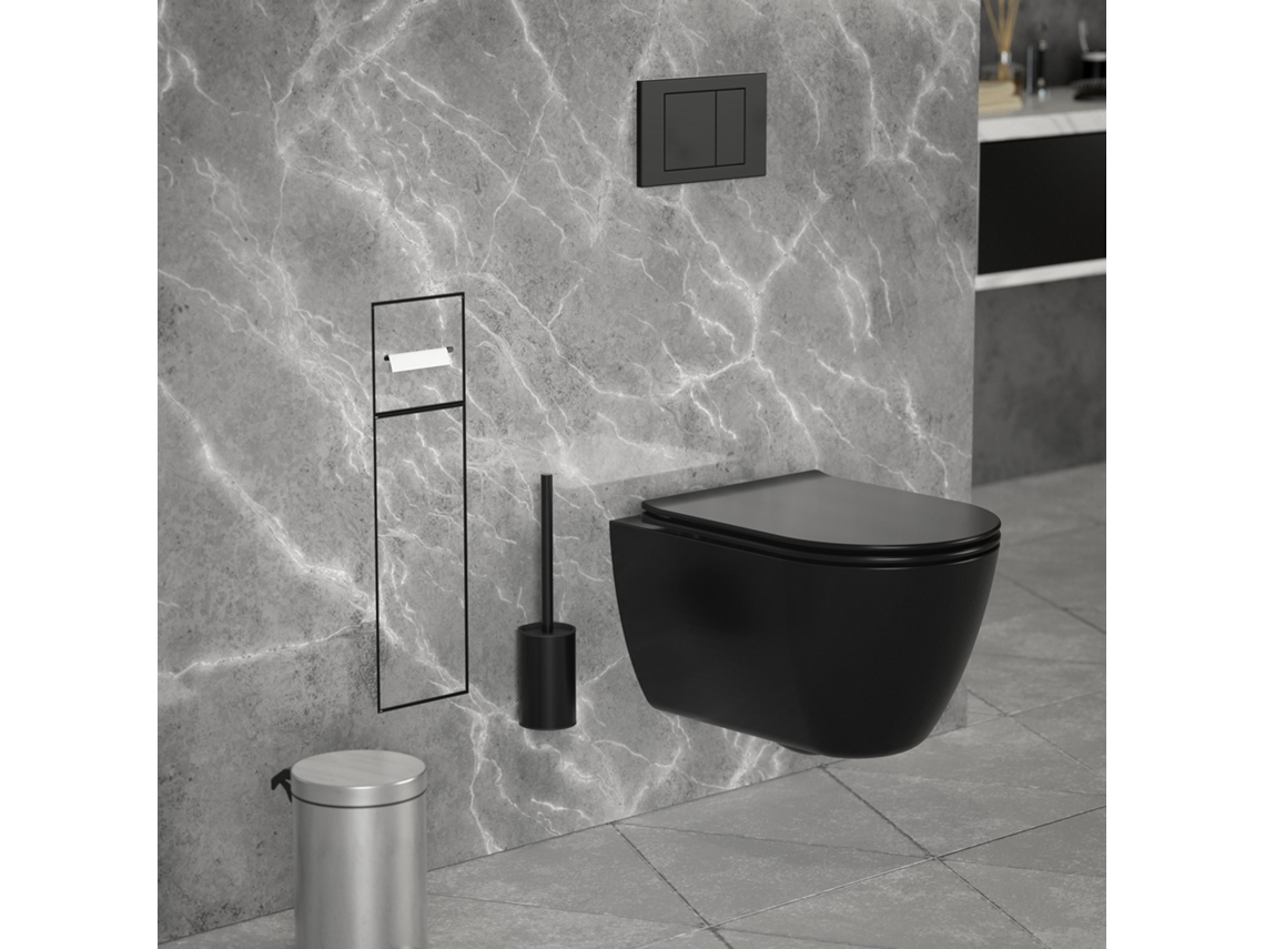 Suporte embutido LuxeBath de papel higiênico e escova com tampa em aço preto mate 60x20 cm