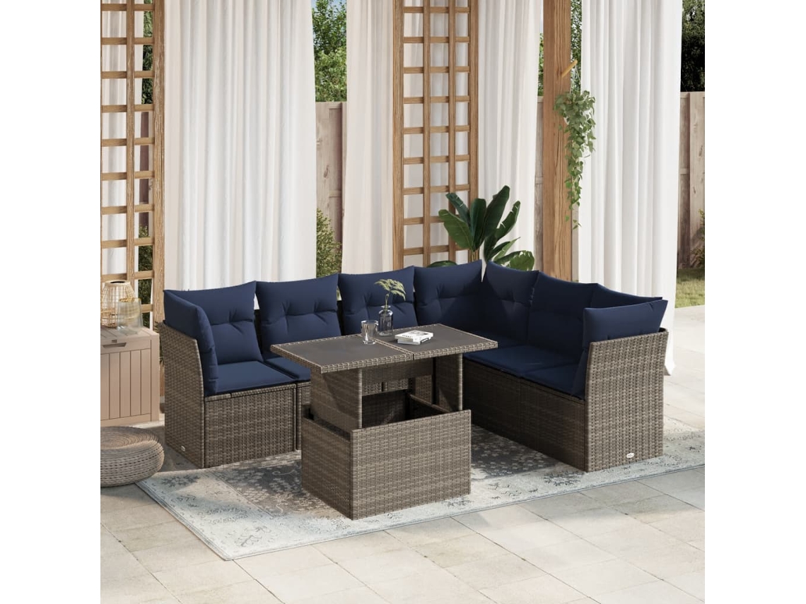 Vidaxl Conjunto De Sofá De Jardim Com 7 Peças E Almofadas Em Rattan Sintético Cinza