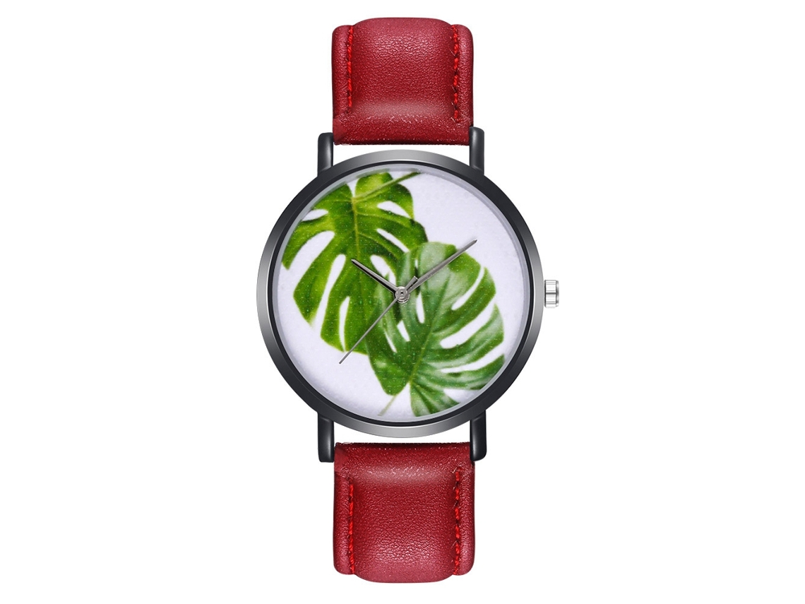 Relógio de quartzo unissex Zhoulianfa com pulseira de couro PU e design simples de folha (vermelho)