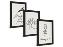 Conjunto De Pinturasarte Linear Com Taça De Champanhe Moldura Preta Quadros Para A Sala De Estar Espelharte (3 Peças 20x30 Cm)