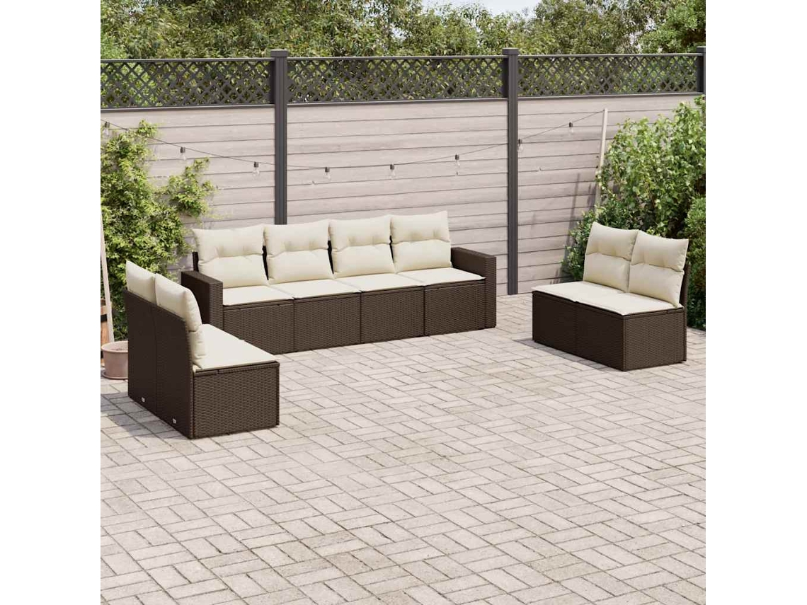 Vidaxl 8 Pcs Conjunto Sofás De Jardim C/ Almofadões Vime Pe Castanho