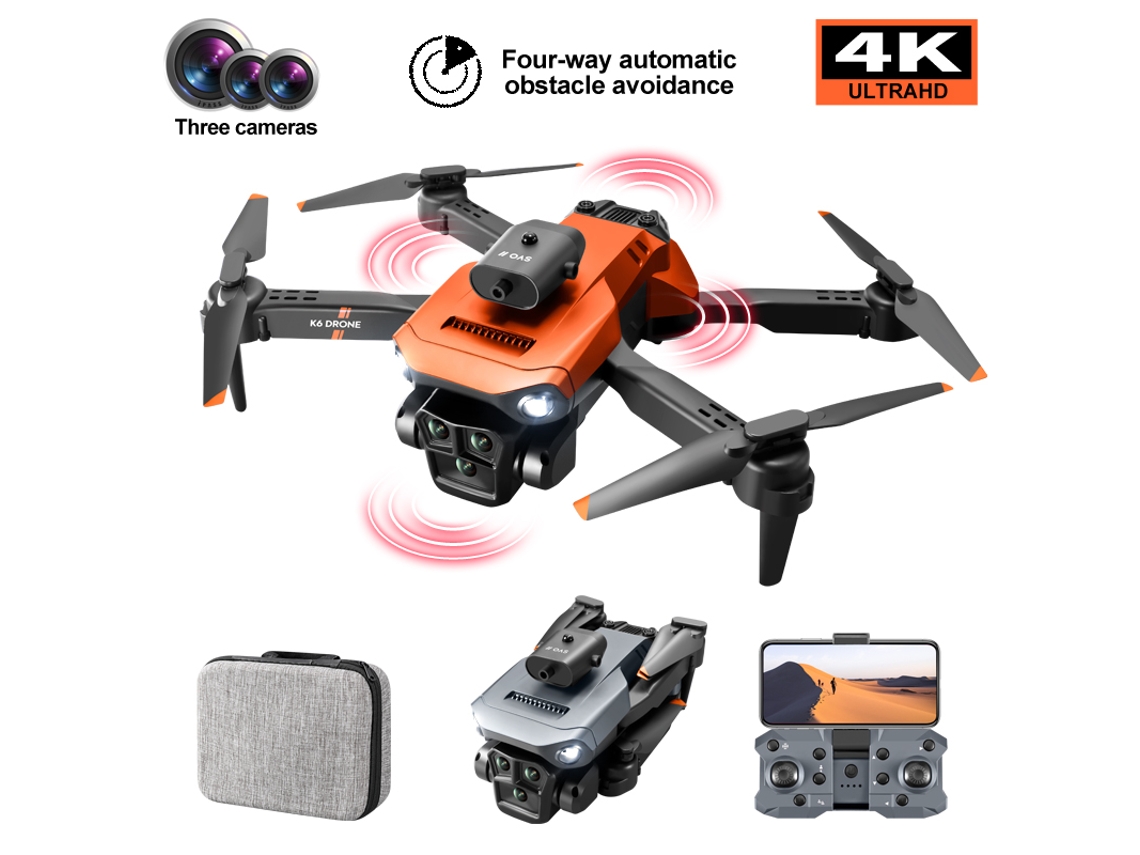 Drone K6 Max com Três Câmeras Prevenção de Obstáculos em 360 3 Baterias Duração Da Bateria: 15 Min Laranja