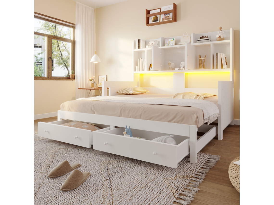 Sofá-cama Multifuncional Extensível Em Madeira Com Gavetas, Prateleiras, Armários, Tomadas E Led, Branco