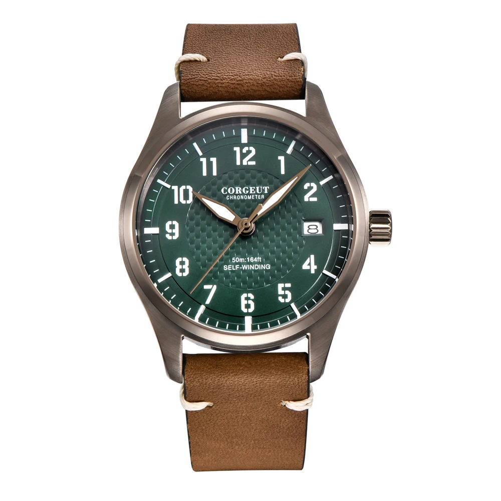 Relógio Masculino Automático Mecânico De Piloto (verde) De 40 Mm Com Pulseira De Couro Resistente À Água.