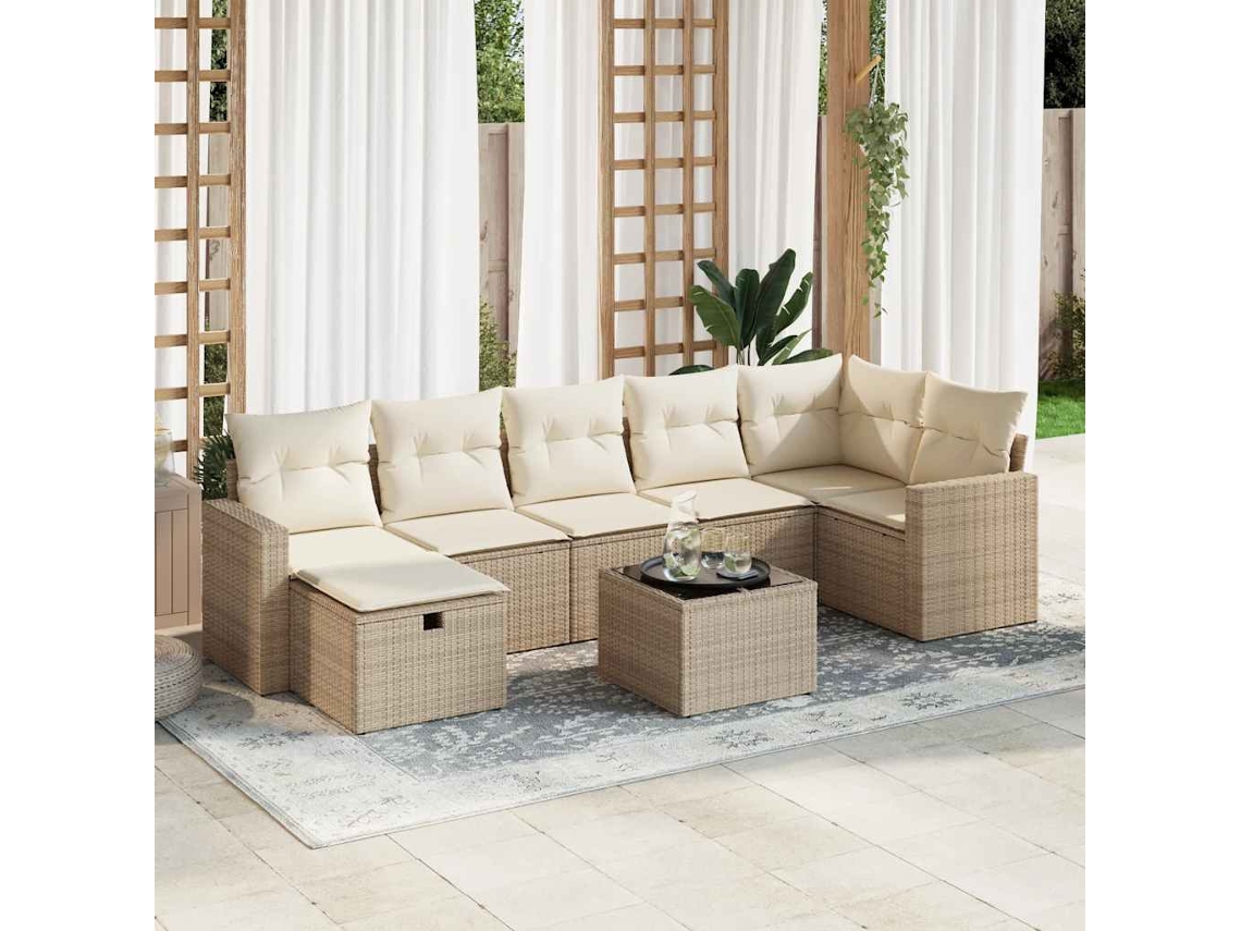 8 Pcs Conjunto De Sofás P/ Jardim Com Almofadões Vime Pe Bege Dkd Home Decor