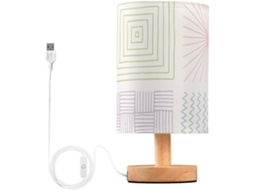 Luminária de mesa estilo retrô com núcleos abstratos, ideal para salas de aula infantis.