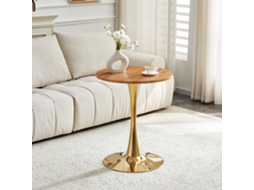 Pequena Mesa Redonda 60cm Mdf Tampo Veios De Madeira Base Dourada Fabricada Para Interiores Domésticos
