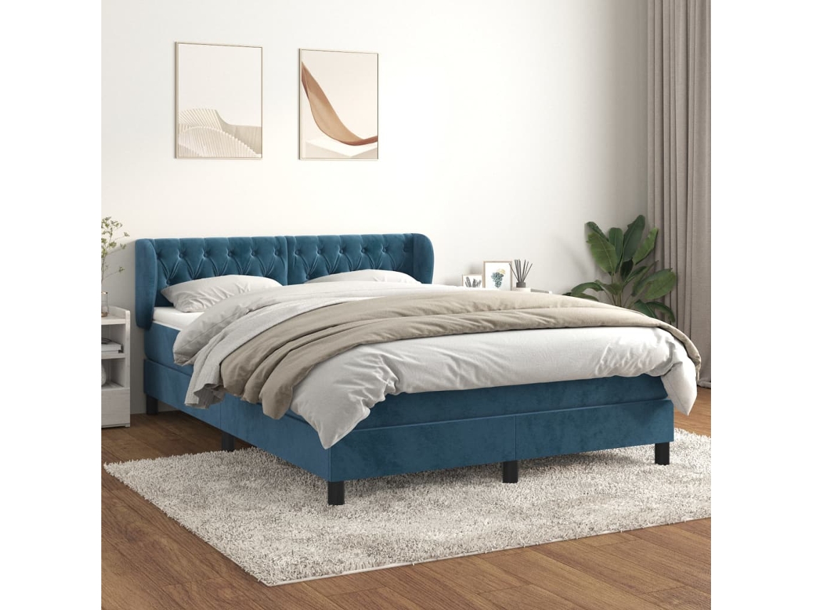 Vidaxl Cama com Molas/colchão 140x200 Cm Veludo Azul escuro