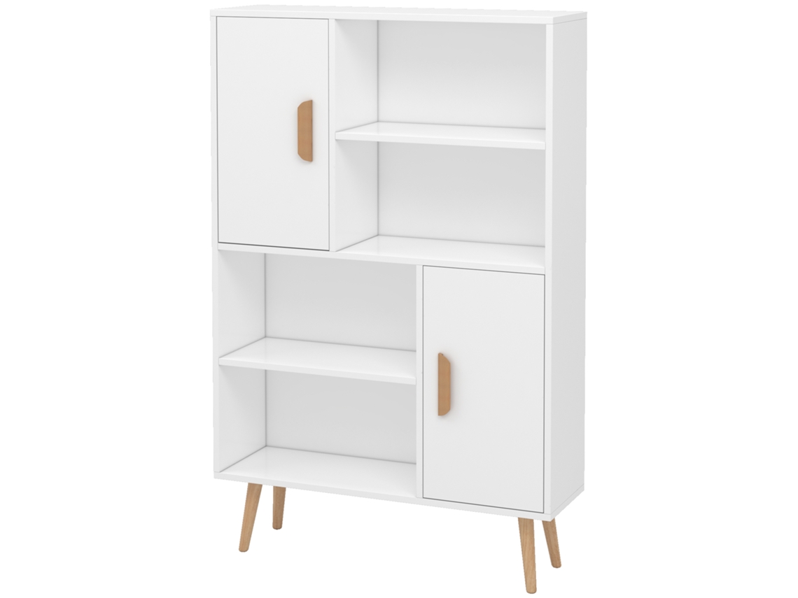 Estante Escandinava 4 Nichos E 2 Armários Prateleira Pernas Madeira Maciça Branco 80x24x123 Cm