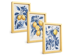 Composição De Quadros Limões, Galhos, Folhas Azuis Espelharte (3 Peças 20x30 Cm)