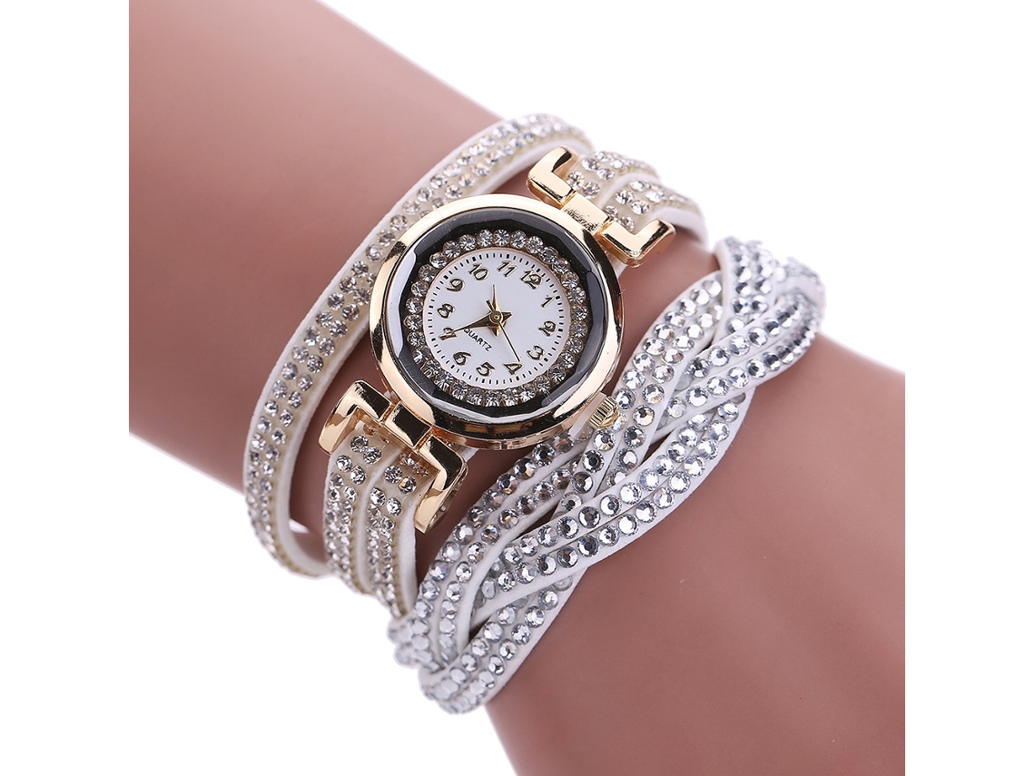 Relógio de Pulseira Feminino Étnico Retro Quartzo com Strass Multicamadas Branco