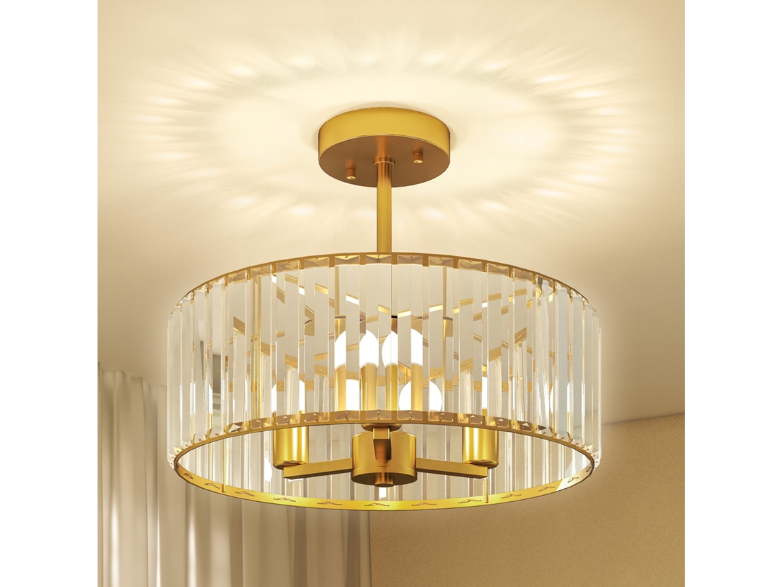 Abajur Teto Lustre Cristalino 3 Lâmpadas, Design Elegante em Metal para Iluminação Dourada