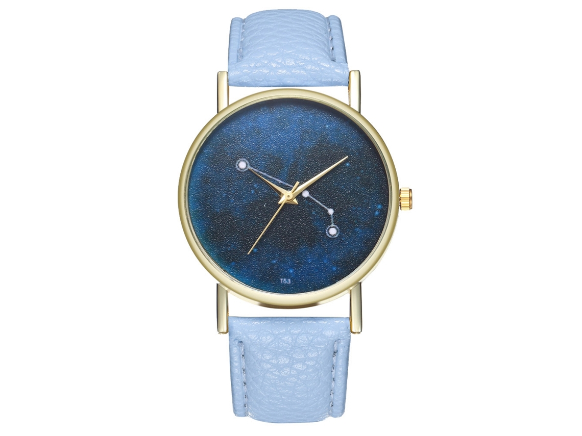 Relógio de pulso em couro PU para mulheres e homens, modelo casual e elegante com mecanismo de quartzo azul claro.